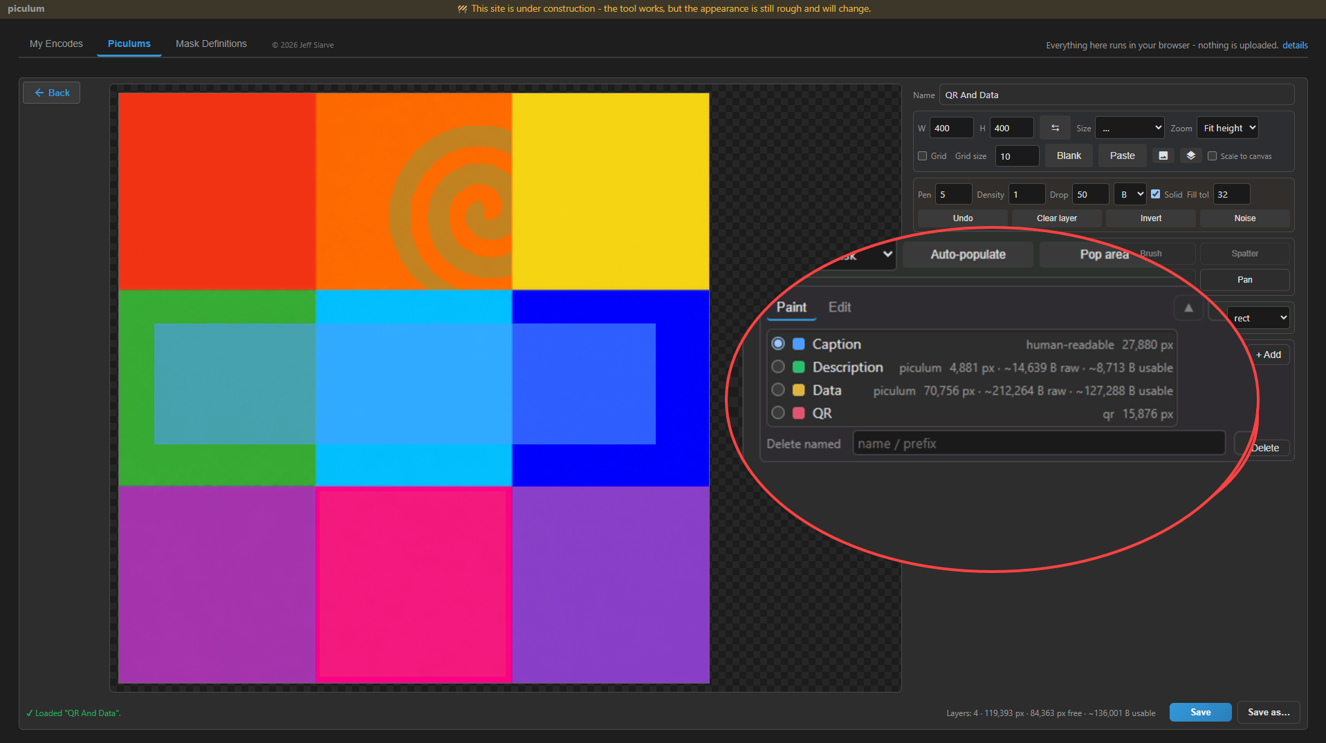 The workbench editor with QR And Data open, one of the starter templates that come with the workbench: a nine-square color grid with a spiral. The layer list, circled in red, shows four layers of three kinds: Caption, human-readable, 27,880 pixels; Description, piculum, 4,881 pixels with about 8,713 bytes usable; Data, piculum, 70,756 pixels with about 127,288 bytes usable; and QR, qr, 15,876 pixels.