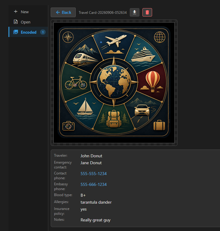 A record made from the Travel Card starter template, decoded in the workbench: the picture at top, then the fields below it with their captions - Traveler, Emergency contact, Contact phone and Embassy phone rendered as blue tel links, Blood type, Allergies, Insurance policy, and Notes.