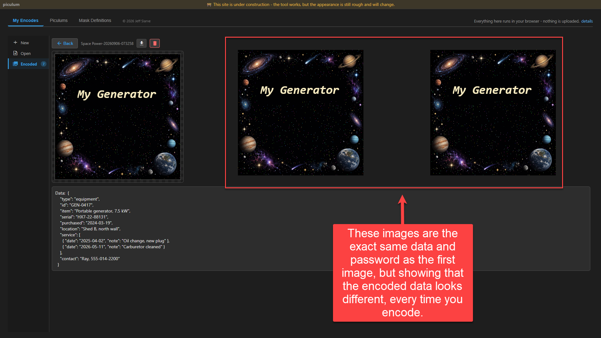 The workbench showing a decoded record from the Space Power starter template at left, its JSON data listed below it, and two more encodes of the same record side by side at right, outlined in red. All three pictures show the same starry artwork with the caption My Generator, but the colored speckle of encoded pixels differs between them. An annotation reads: these images are the exact same data and password as the first image, but showing that the encoded data looks different every time you encode.